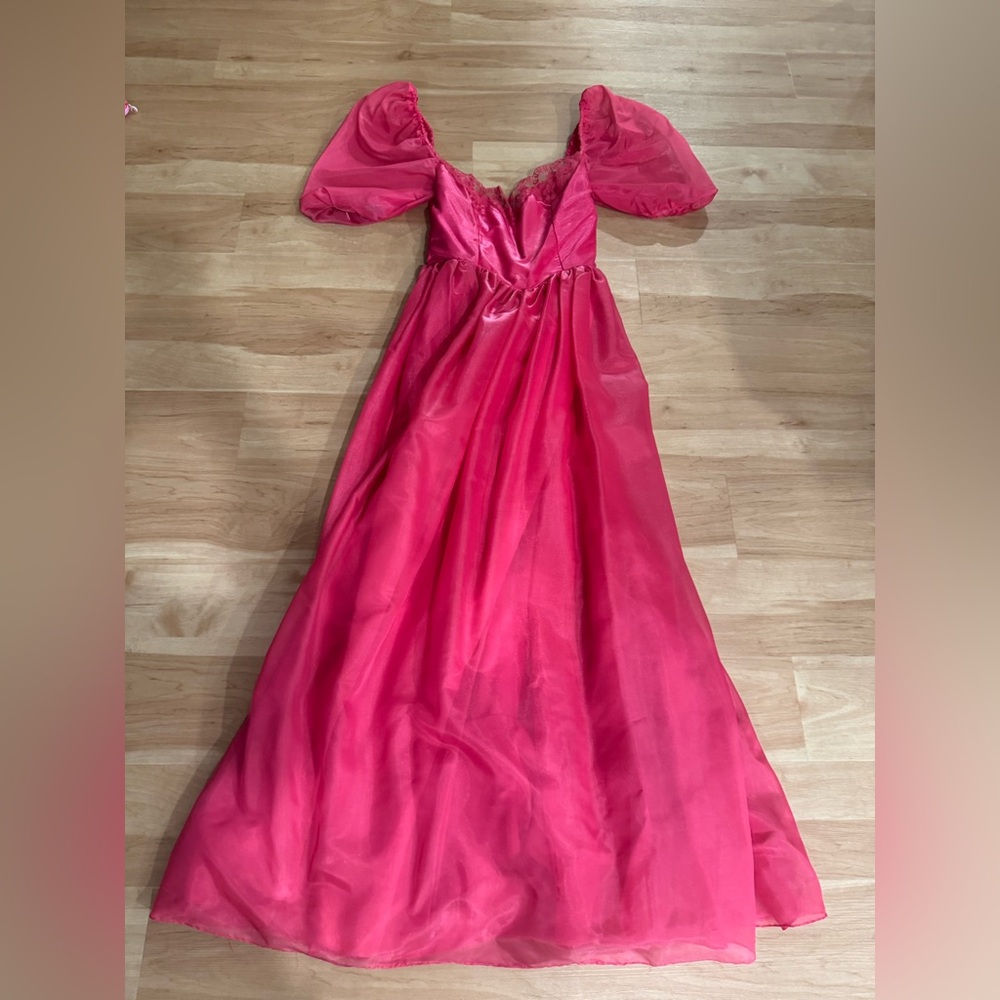 Vintage 80s Hot Pink Prom Formal Dress with Lace and Puff Sleeves Size 2